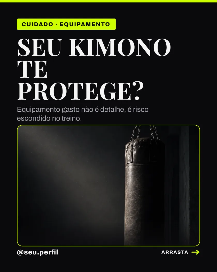 Capa do carrossel "SEU KIMONO TE PROTEGE?" (artes marciais) gerado no SequenceFit